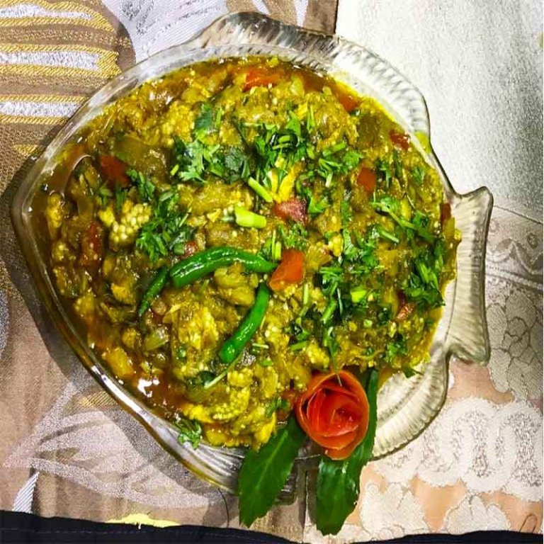 শোল কুচি তে বেগুন ভর্তা